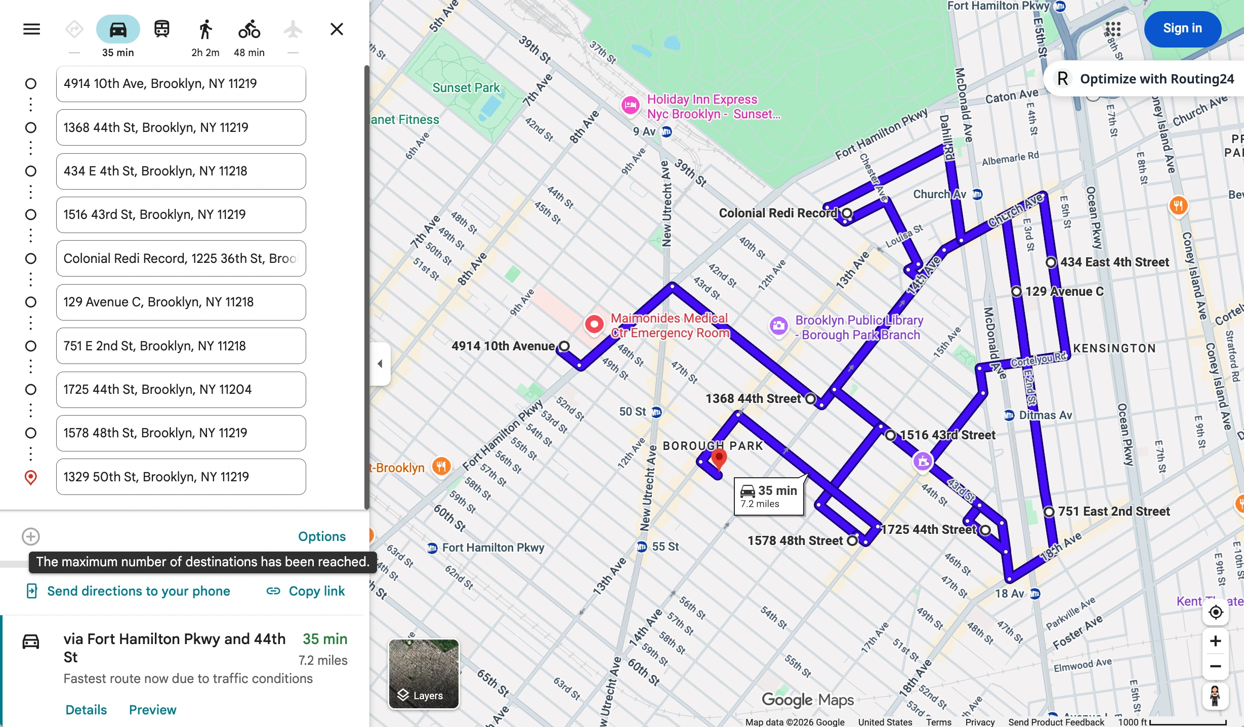 Direções do Google Maps com dez paragens em Brooklyn e uma rota que se cruza no mapa