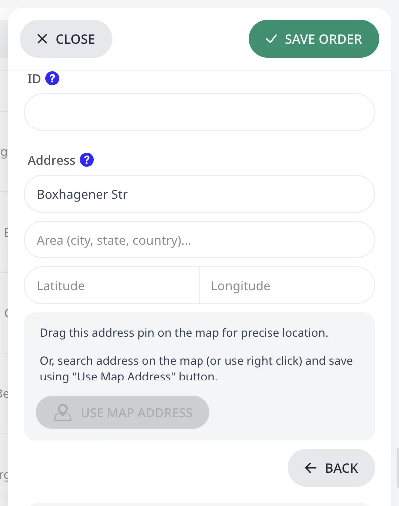 The editor in Customize mode: manual coordinates and a draggable pin
