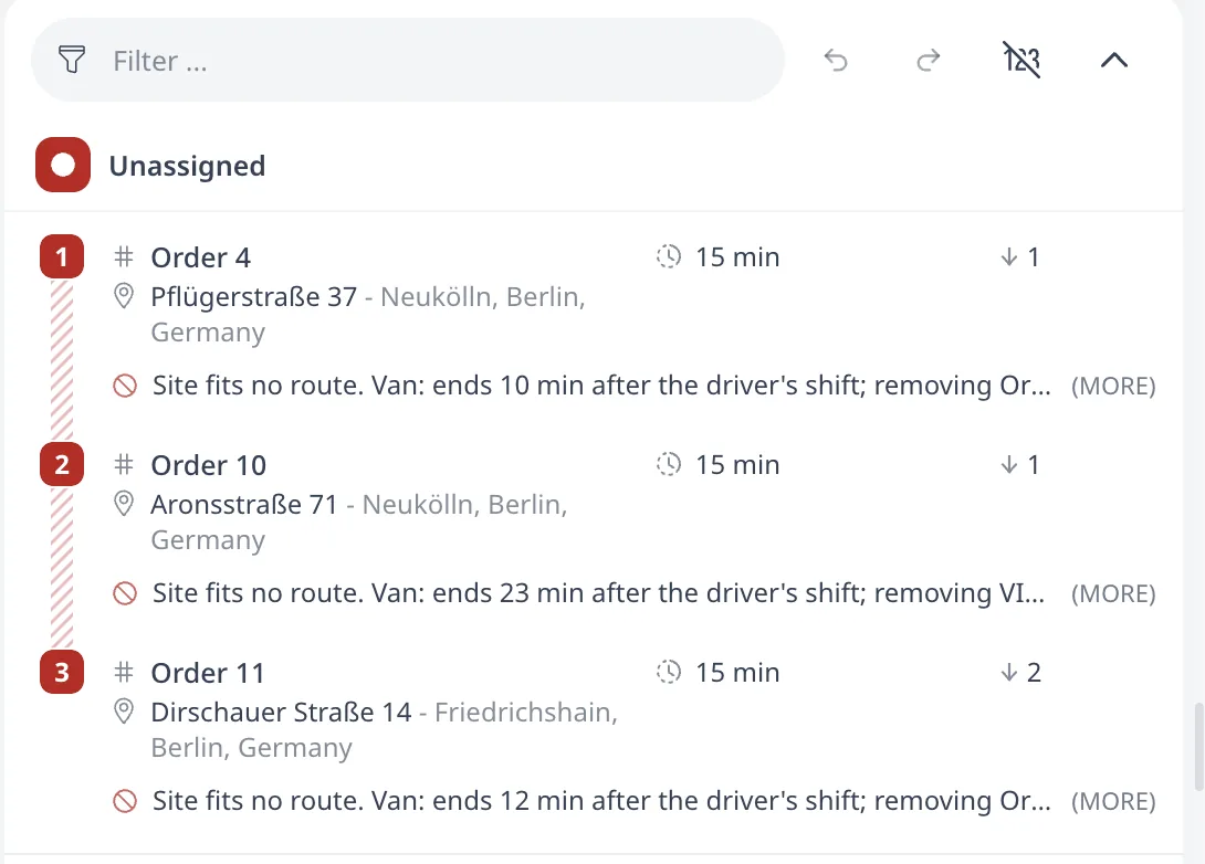 The red Unassigned panel above the route cards: three dropped orders, each with a short solver diagnosis and a (MORE) link