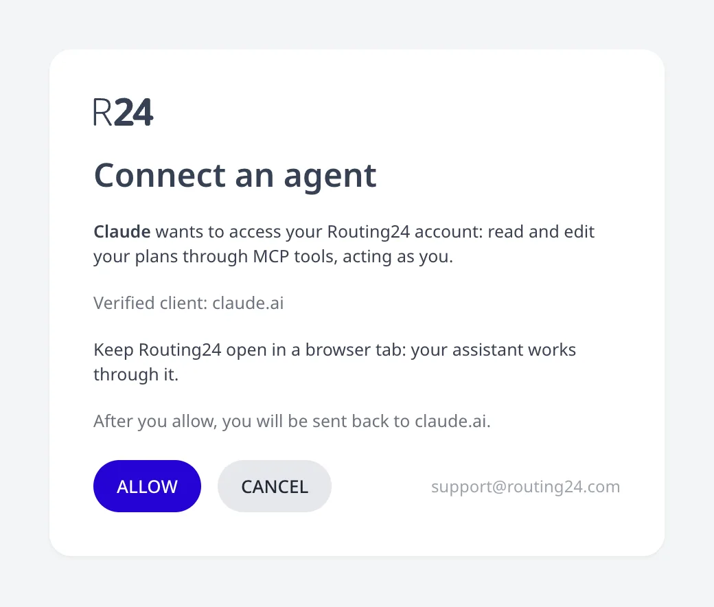 La pantalla Connect an agent: Claude wants to access your Routing24 account, la línea del cliente verificado, las dos líneas sobre lo que sucede después y los botones ALLOW y CANCEL