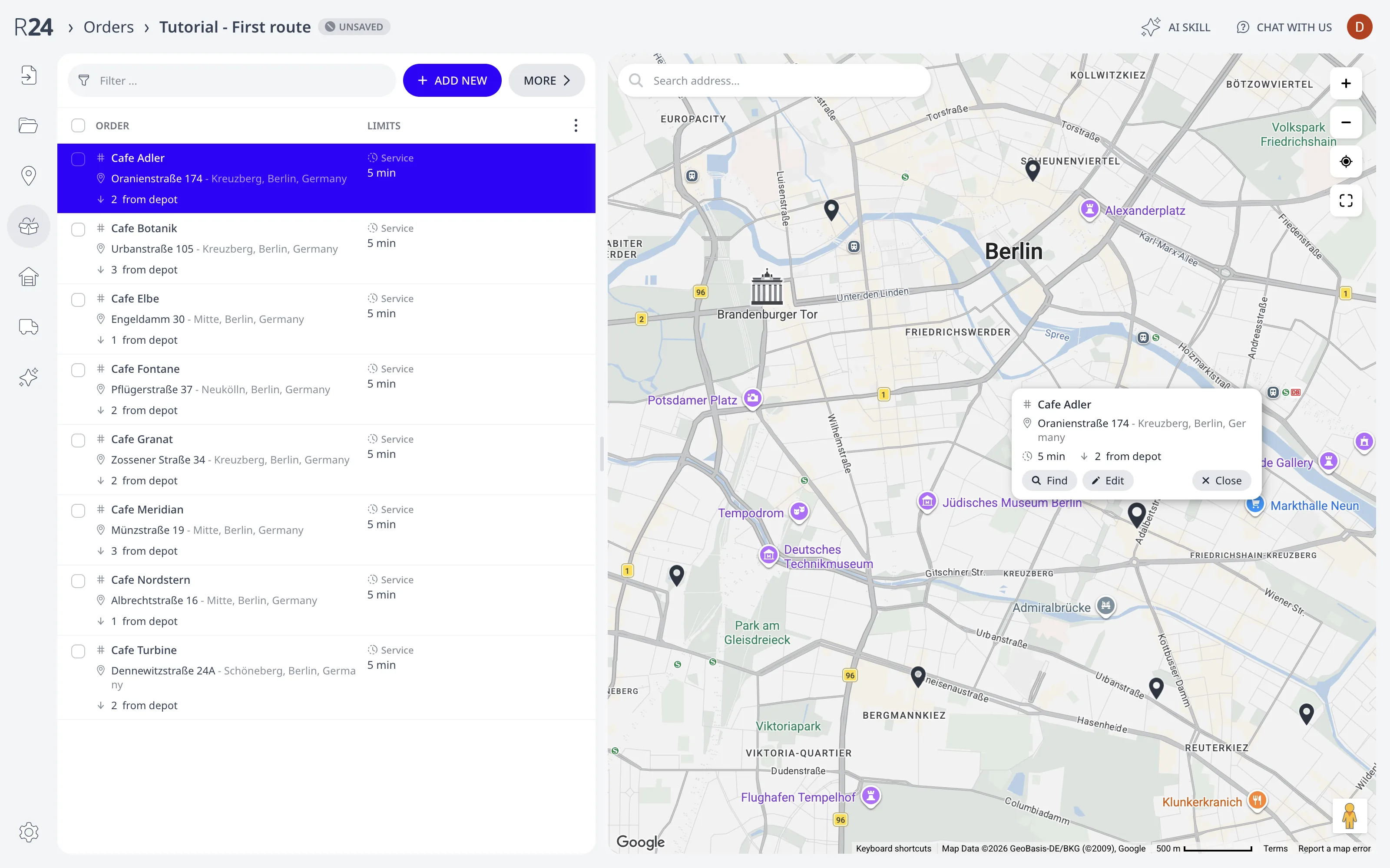 The Orders page with one order selected: its row highlighted in the list and its pin popup open on the map with Find, Edit, and Close buttons