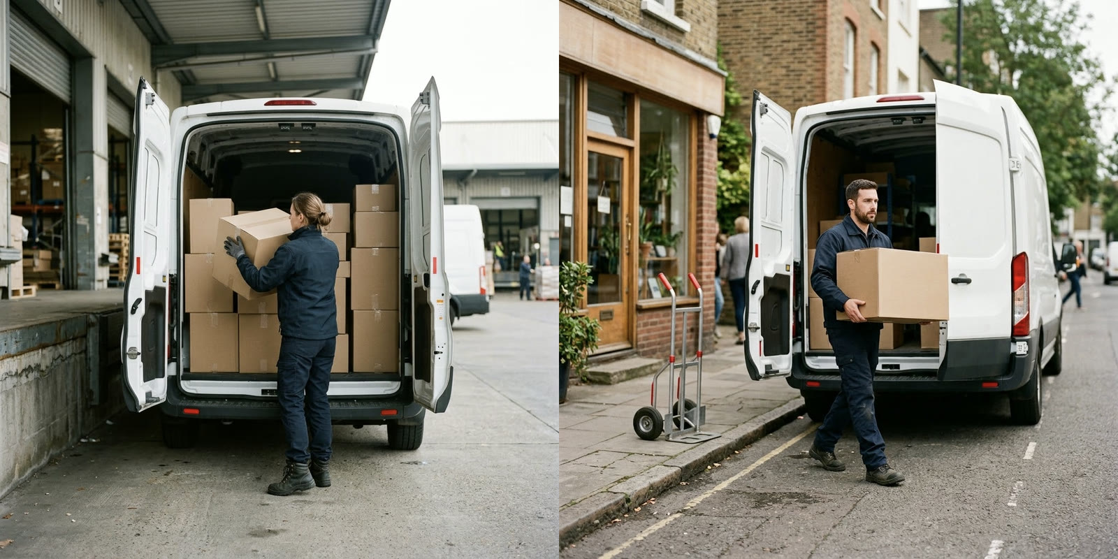 Two photographs side by side. On the left a driver lifts a cardboard box into the open rear of a white cargo van at a warehouse loading bay. On the right a driver carries a box out of a van parked at a shop curb, a hand truck waiting on the pavement.