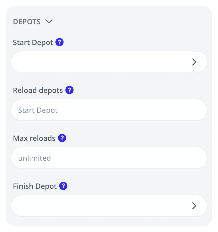 The vehicle editor's DEPOTS group: start depot, reload depots, max reloads, and finish depot