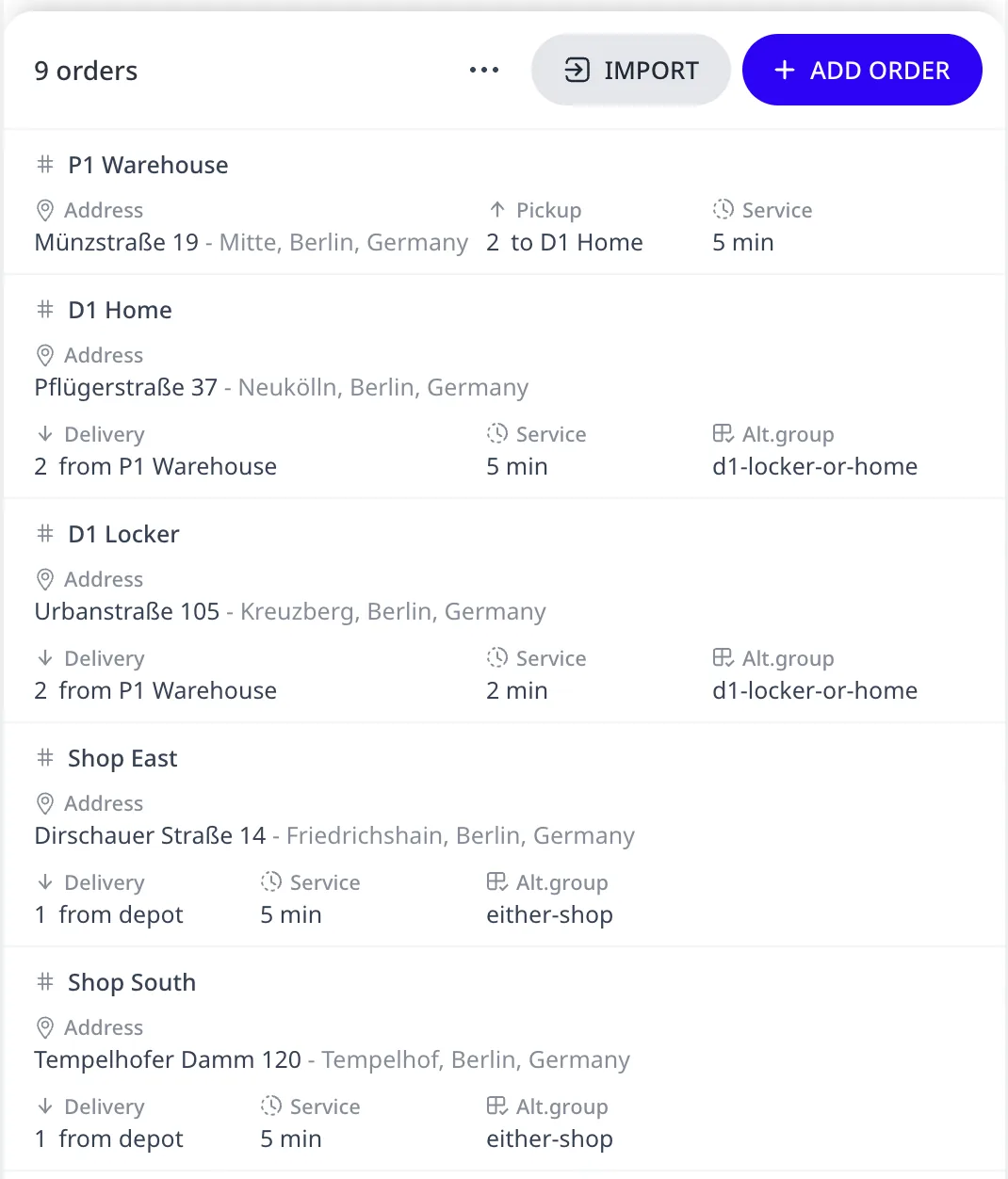 A lista de Pedidos com os candidatos de entrega cacifo-ou-casa e o grupo entre lojas, cada linha a mostrar o seu chip Alt.group