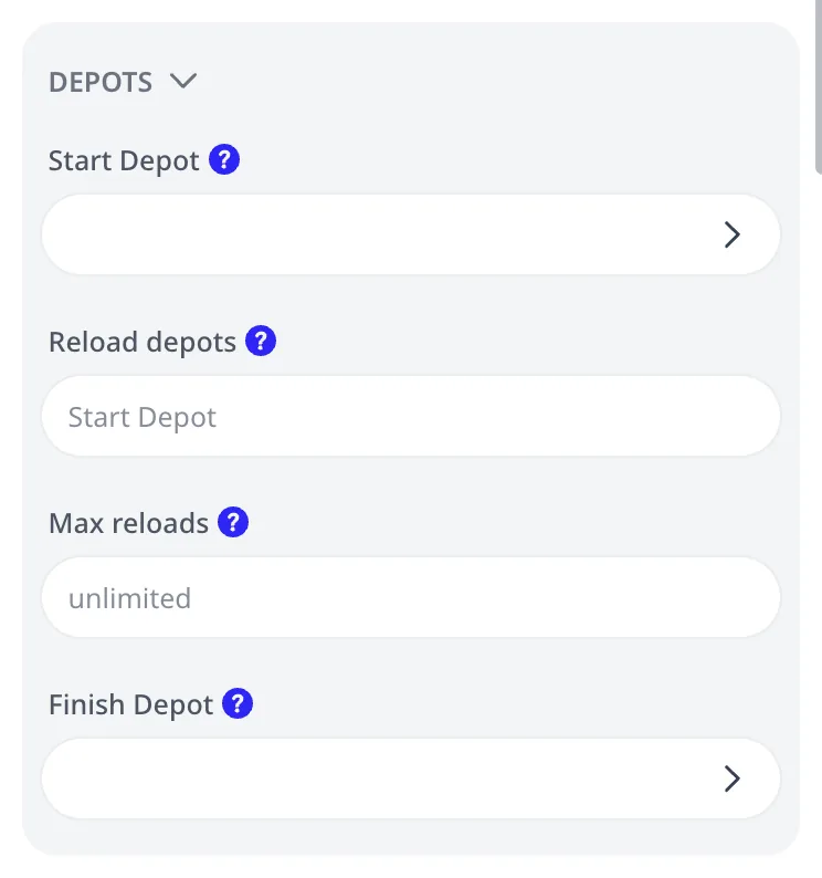 El grupo DEPÓSITOS del editor de vehículos: depósito de inicio, depósitos de recarga, máx. recargas y depósito de fin