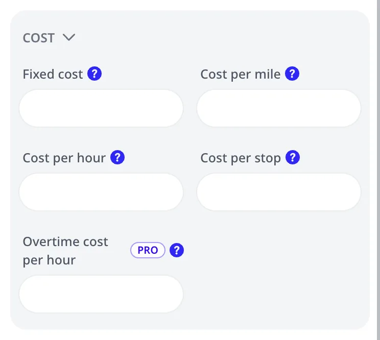 The vehicle editor's COST group: fixed cost, cost per mile, per hour, per stop, and overtime cost per hour