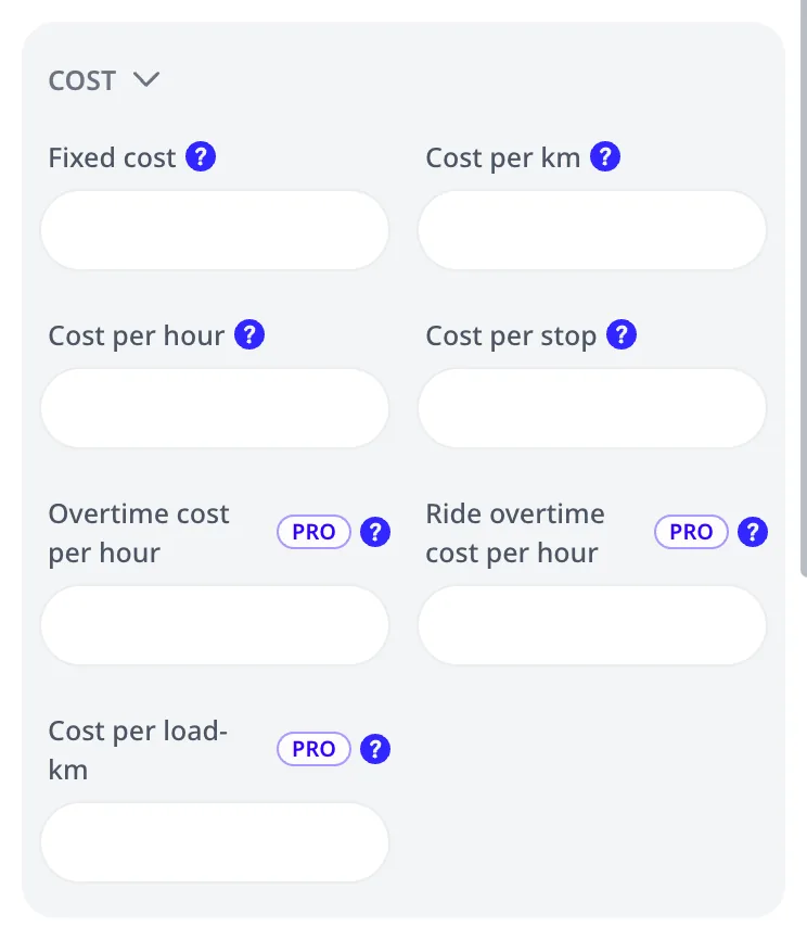 The vehicle editor's COST group: fixed cost, cost per km, per hour, and per stop, then overtime cost per hour, ride overtime cost per hour, and cost per load-km
