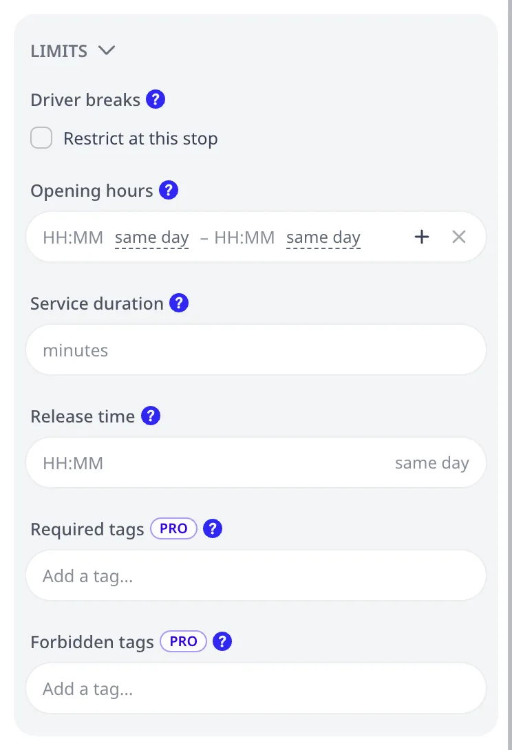 The order editor LIMITS group: Opening hours with an add-window button, Service duration, Release time, and the PRO tag fields