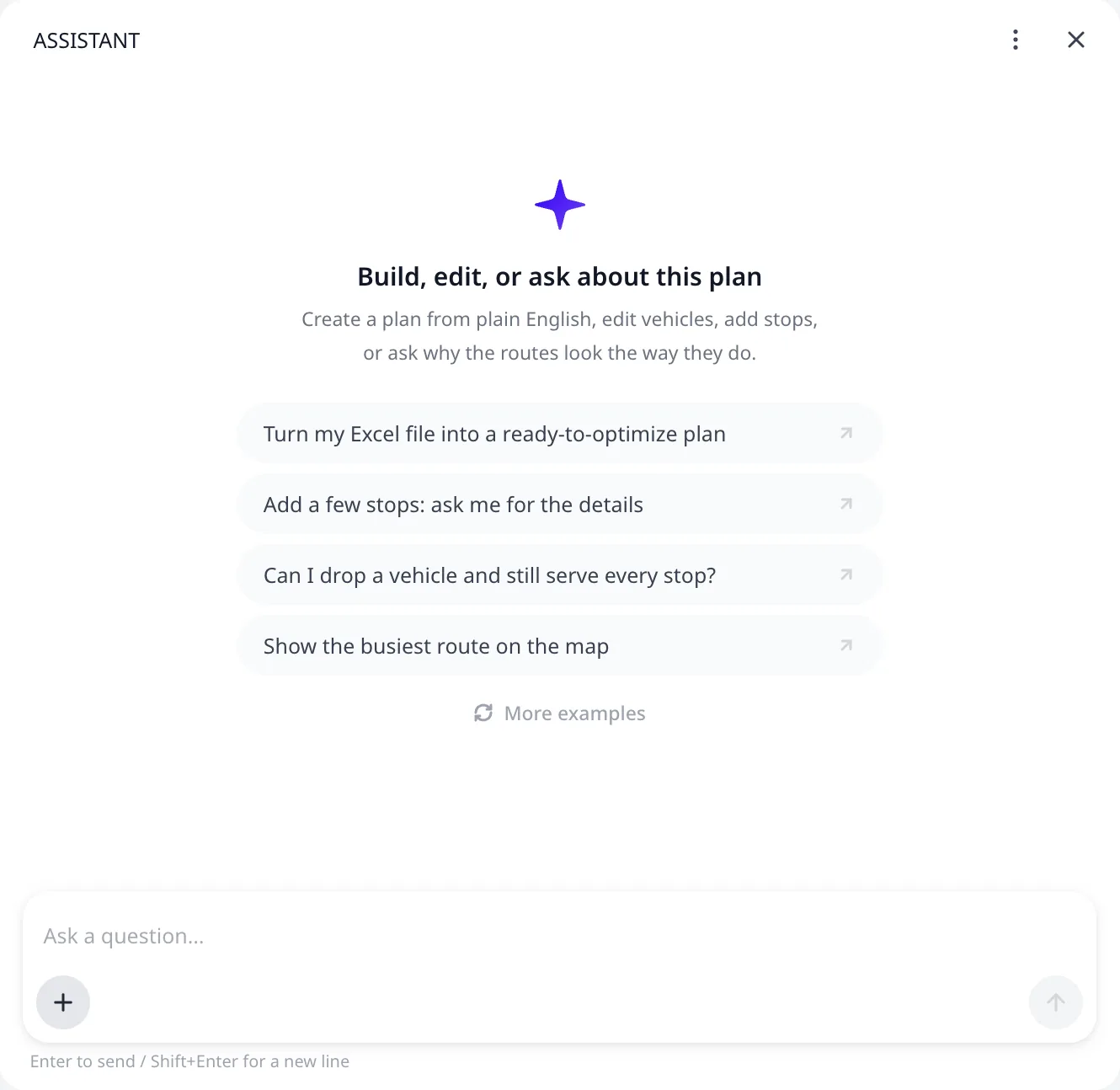 The assistant pane open beside the plan, with four example prompts, a More examples link, and the message box