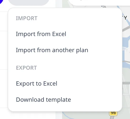 The More menu on the Orders page: Import from Excel, Import from another plan, Export to Excel, and Download template