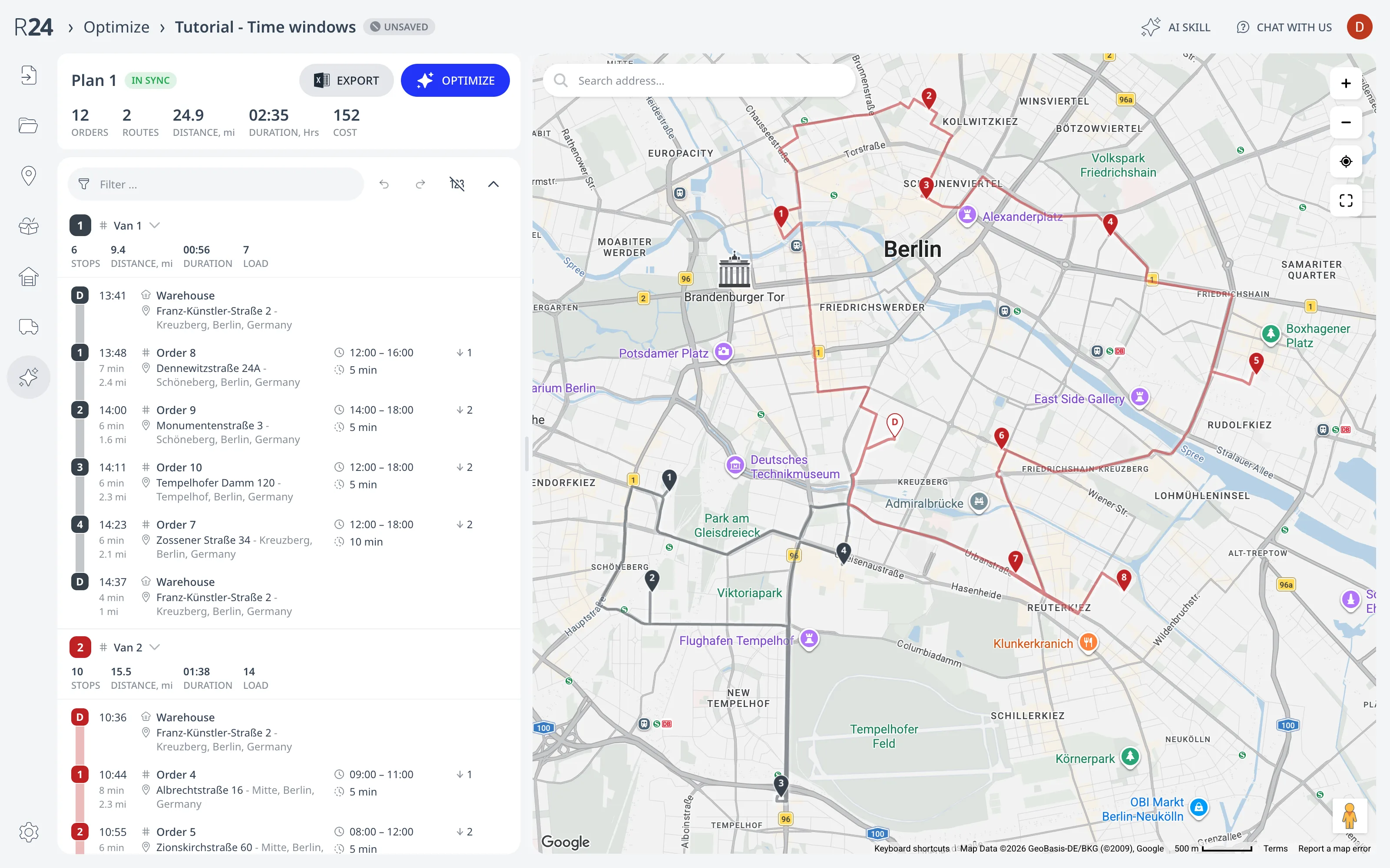 The Optimize page after a solve: the plan metrics strip, two route cards with per-route stats, ETAs per stop, and both routes drawn on the map