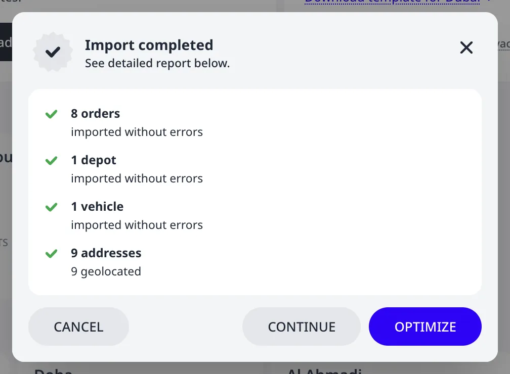 The import review dialog reporting imported orders, depots, vehicles, and geolocated addresses