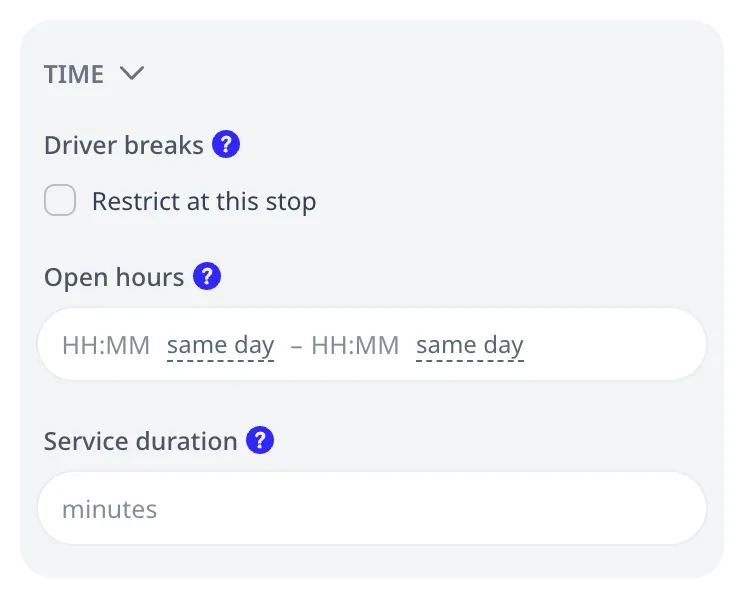 The depot editor's TIME group: a Restrict at this stop checkbox for driver breaks, Open hours, and Service duration in minutes