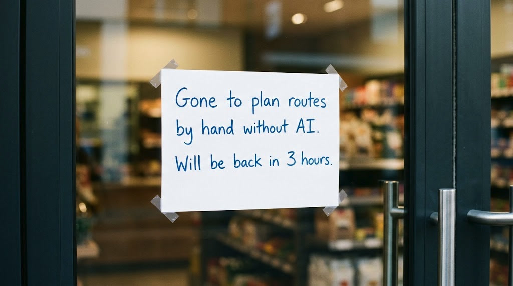 A modern glass shop door with a handwritten note taped inside reading Gone to plan routes by hand without AI, will be back in 3 hours