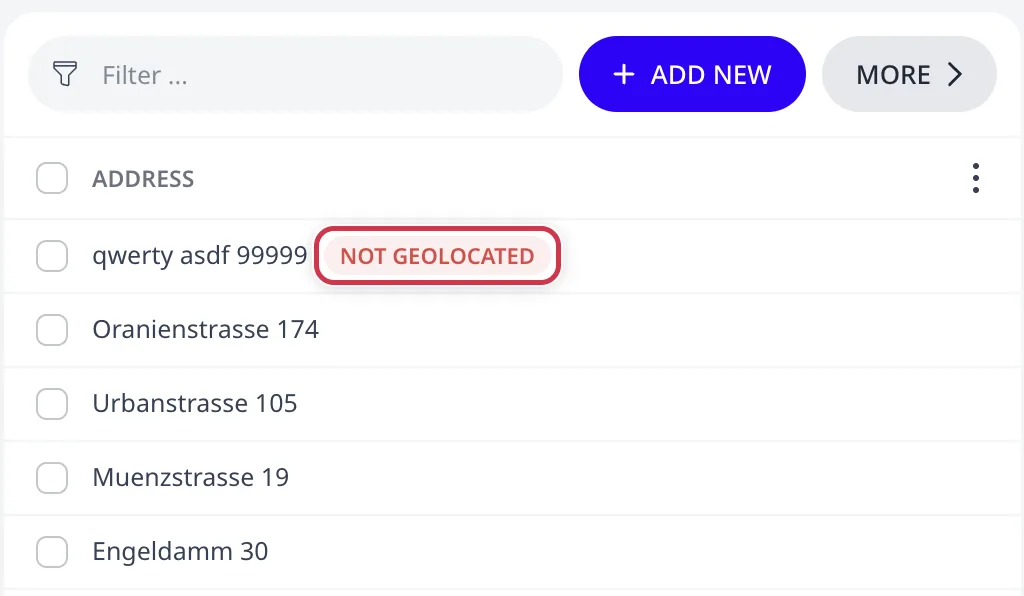 The Address Book page with one row carrying the red NOT GEOLOCATED badge