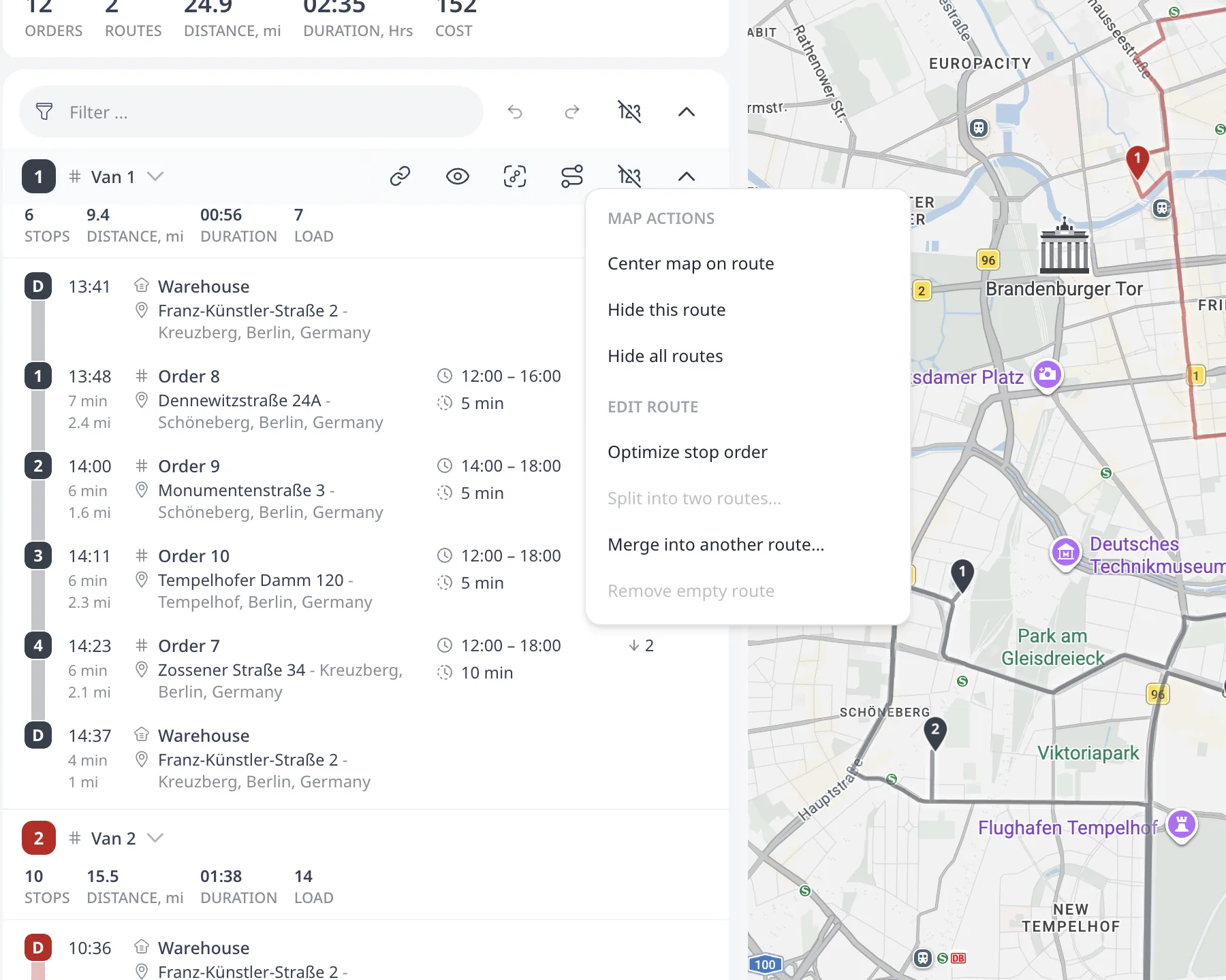 The route actions menu open on a route card: Map actions (center, hide) and Edit route (Optimize stop order, Split into two routes, Merge into another route)