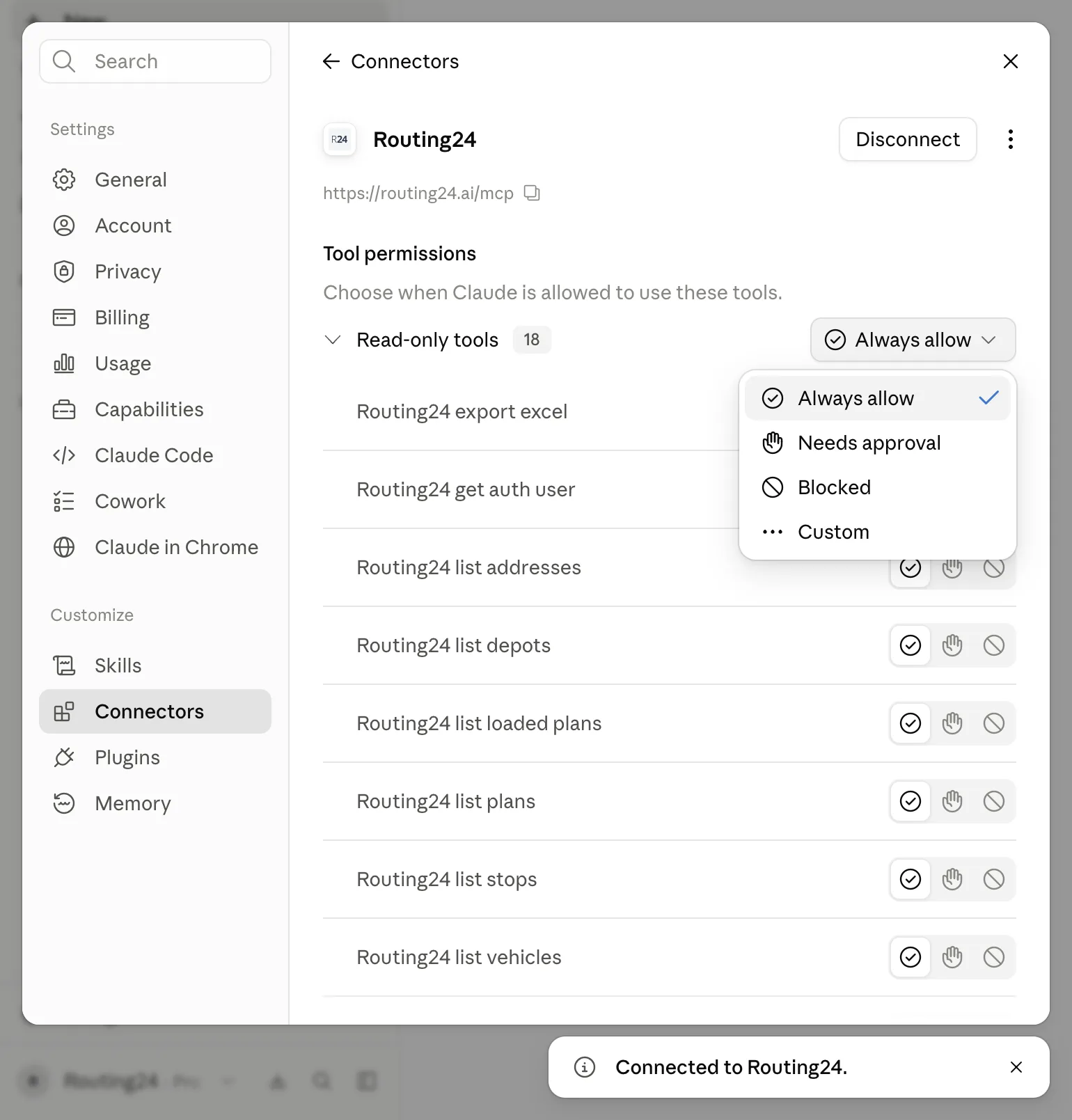 La página del conector Routing24 en Claude después de la aprobación: un botón Disconnect, Tool permissions, el grupo Read-only tools con 18 herramientas y un aviso "Connected to Routing24."