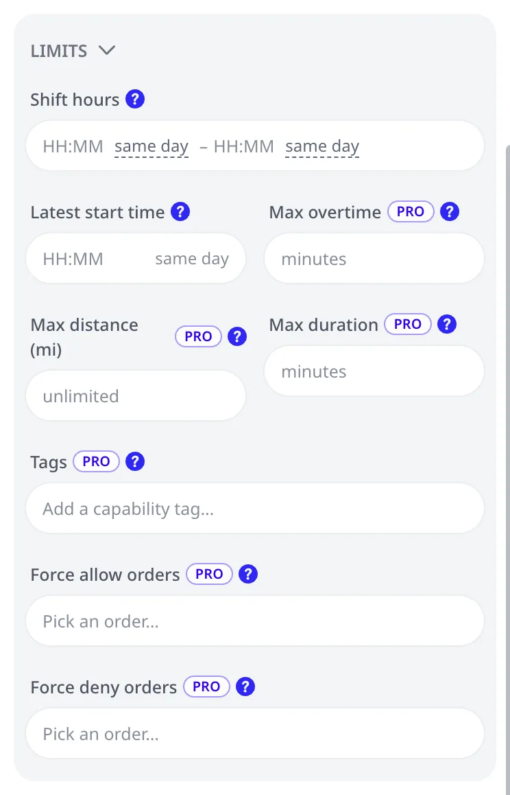 The vehicle editor's LIMITS group: shift hours, latest start, max overtime, max distance, max duration, tags, and force allow or deny