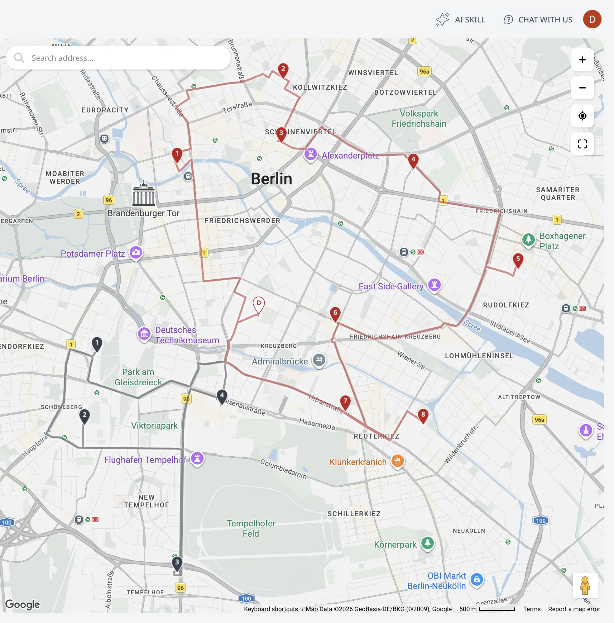 The map after an optimization: two colored routes with numbered pins, the search box, and the control stack