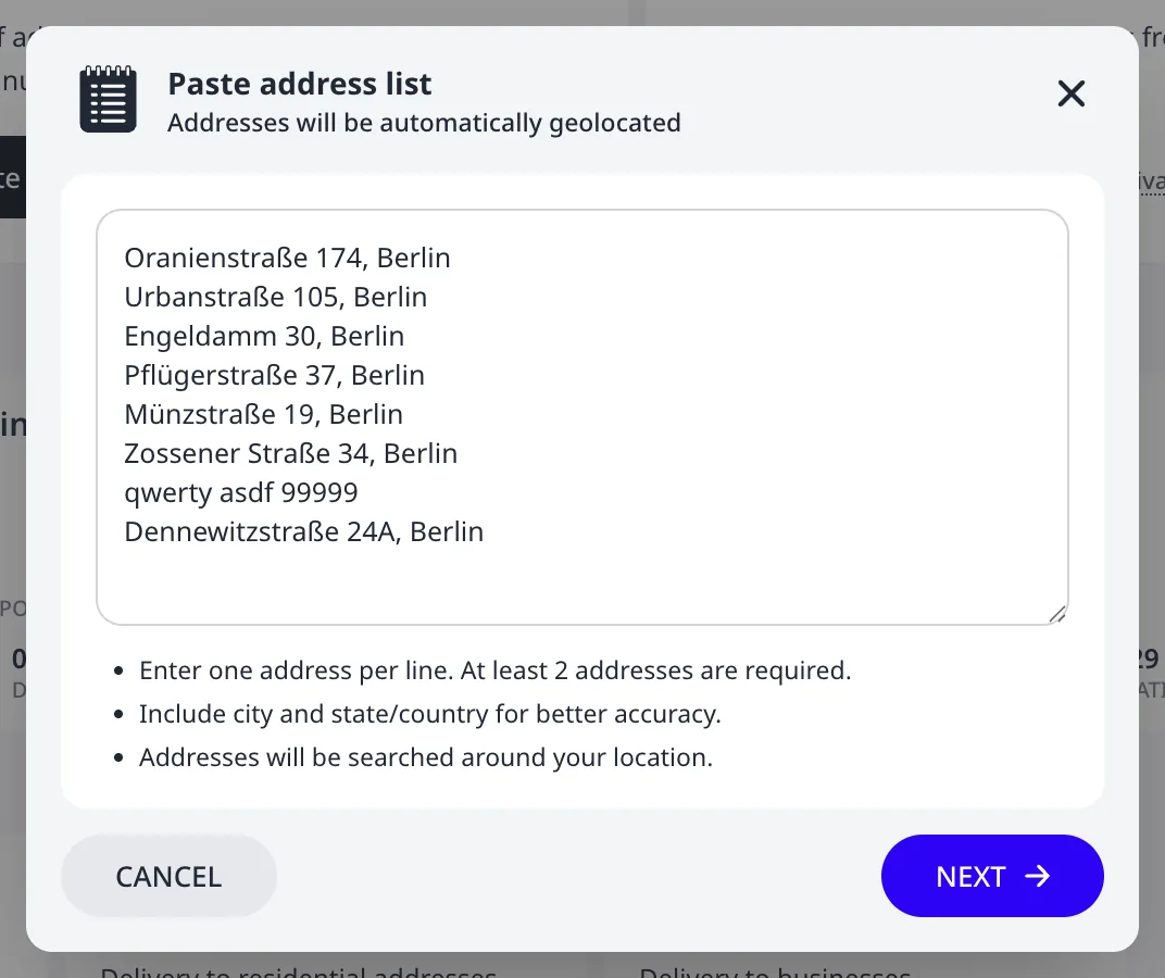 The paste-address dialog with eight addresses pasted, one per line, and the accuracy tips below the box