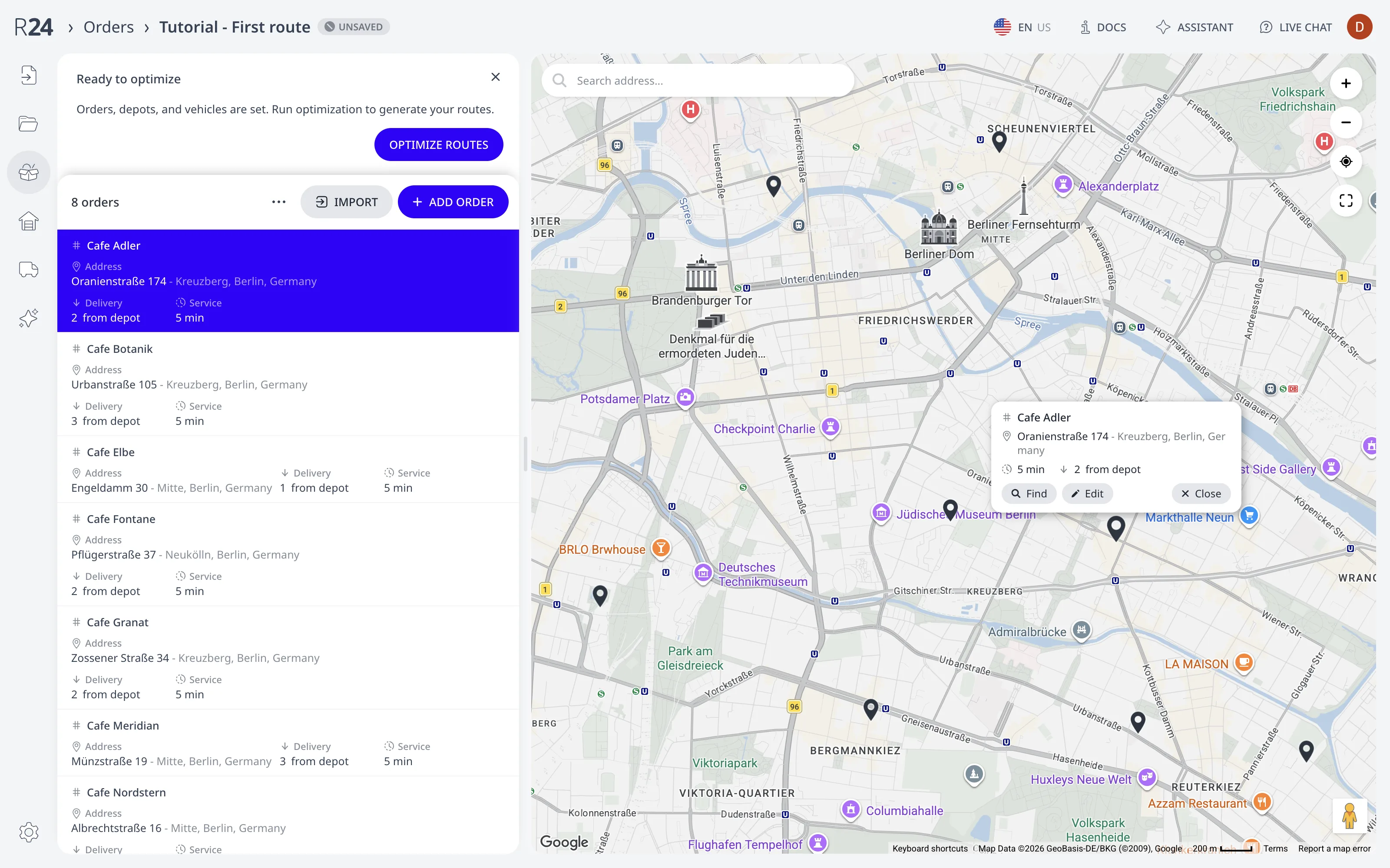 Die Seite Aufträge mit einem ausgewählten Auftrag: seine Zeile in der Liste hervorgehoben und sein Pin-Popup auf der Karte geöffnet, mit den Schaltflächen Suchen, Bearbeiten und Schließen