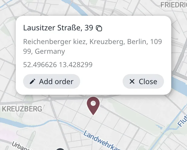 Die Adressabfrage-Infokarte nach einem Rechtsklick auf der Seite Aufträge, mit der Schaltfläche Auftrag hinzufügen