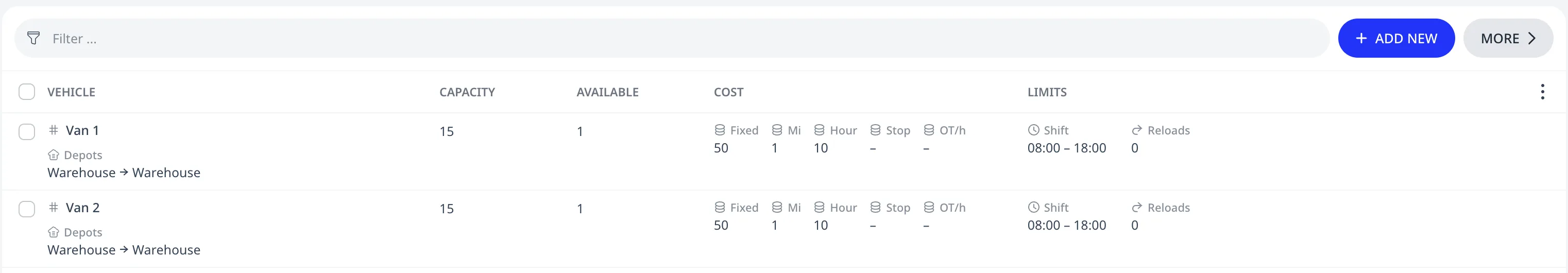 The Fleet page listing two vans with capacity, costs, and shift hours